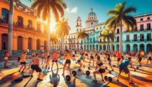 Grupo de personas practicando CrossFit en una plaza de La Habana