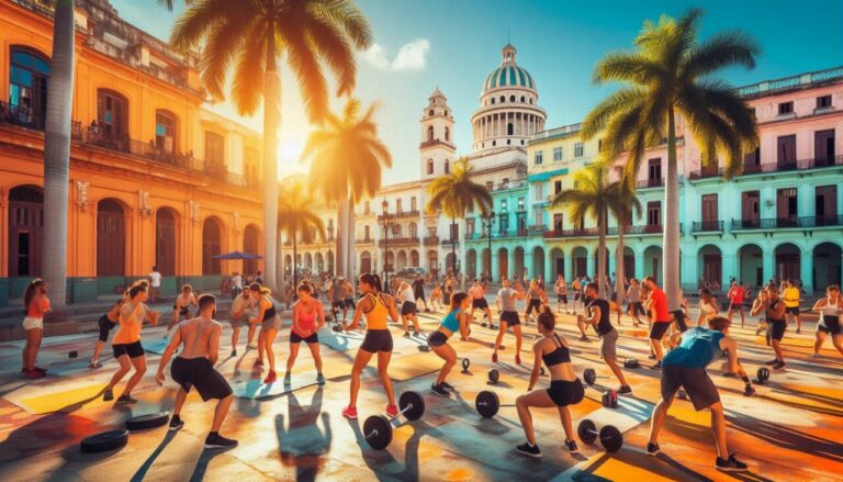 Grupo de personas practicando CrossFit en una plaza de La Habana