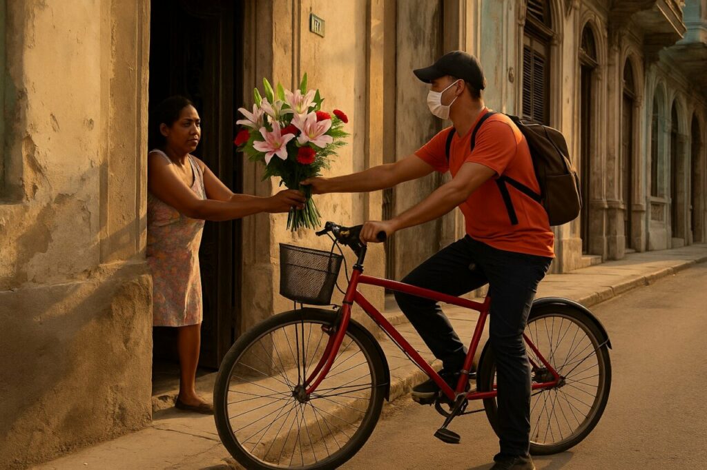 xHombre entrega ramo de flores a mujer en La Habana