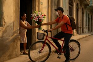 xHombre entrega ramo de flores a mujer en La Habana