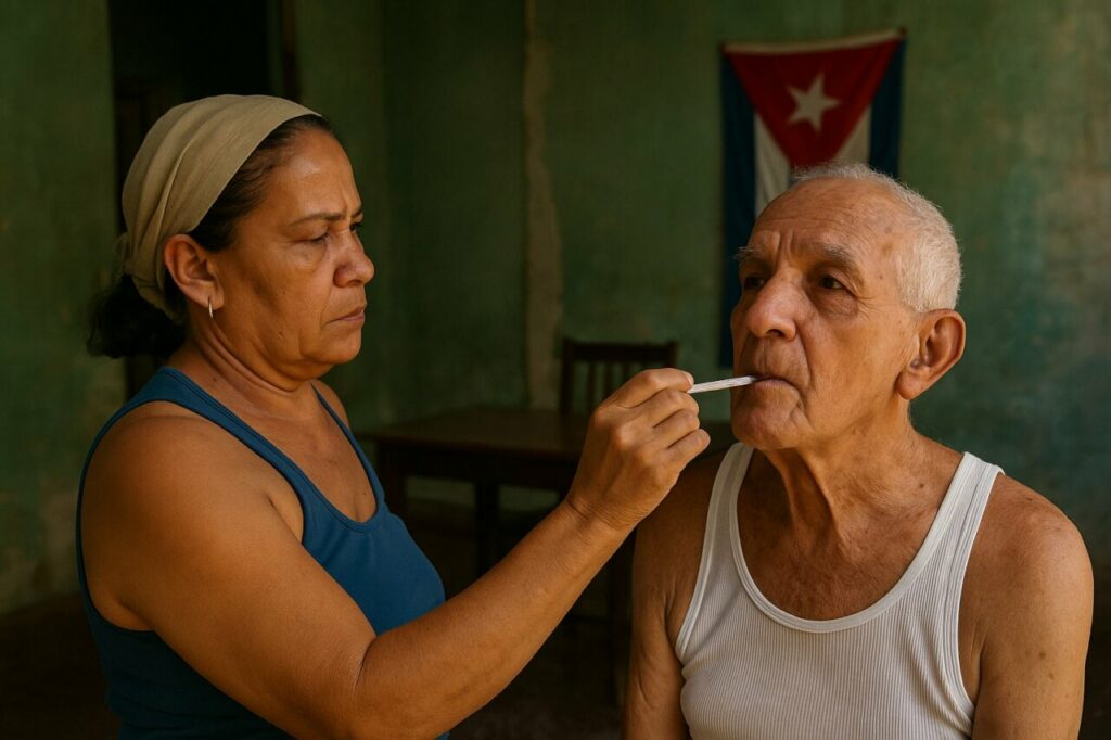 Una mujer mide la temperatura a un hombre mayor en Cuba.