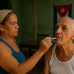 Una mujer mide la temperatura a un hombre mayor en Cuba.