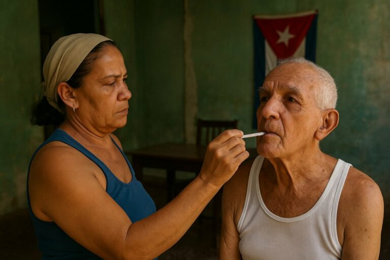 Una mujer mide la temperatura a un hombre mayor en Cuba.