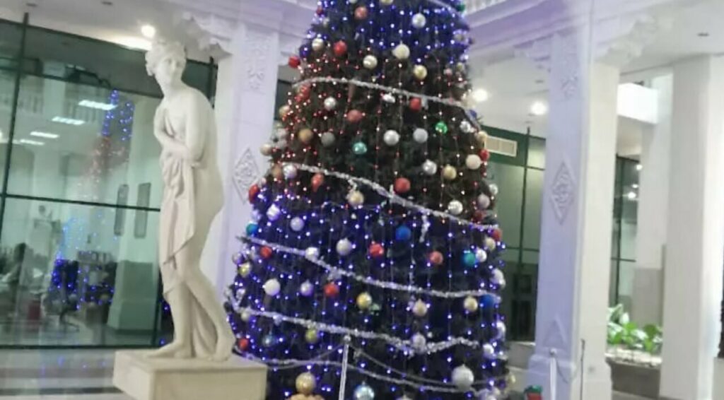 Árbol de Navidad decorado en la Lonja del Comercio con luces y adornos