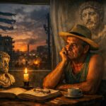 Hombre pensativo en un balcón con vista a La Habana al atardecer