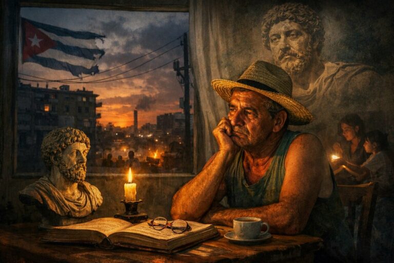 Hombre pensativo en un balcón con vista a La Habana al atardecer