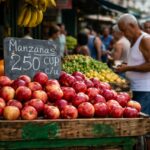 Venta de manzanas en un mercado cubano con precios visibles.
