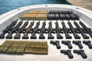Arsenal de armas y municiones confiscadas en una lancha en Cuba